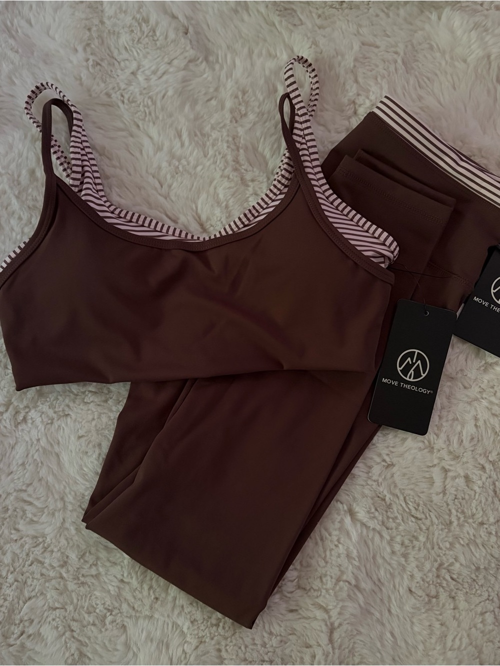 Move Theology Brown Workout Set with Cream Stripe Trim Double Layer